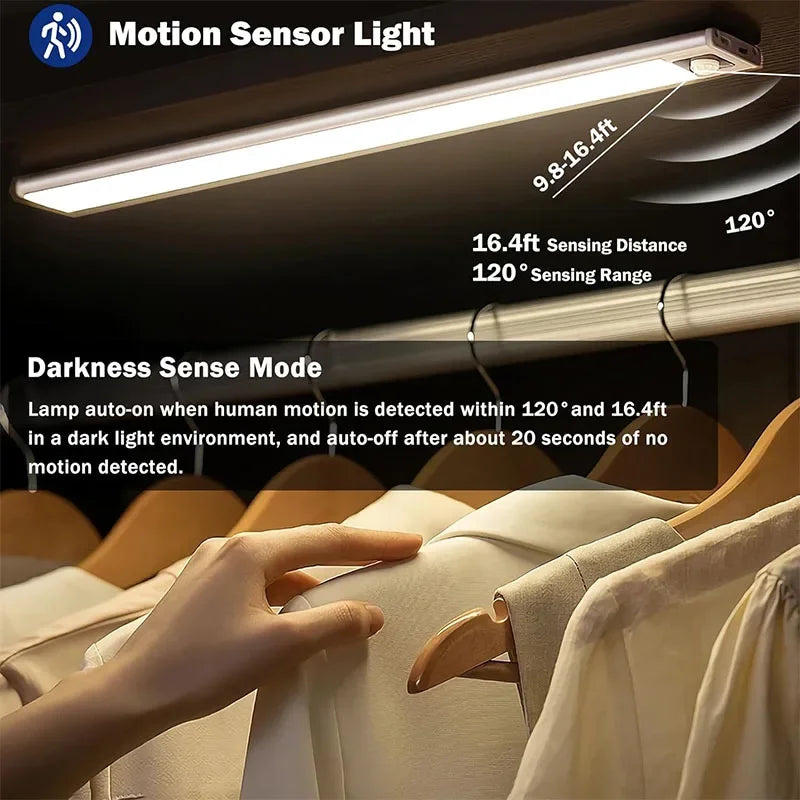 Motion sensor light above a clothing rack with text detailing its features.