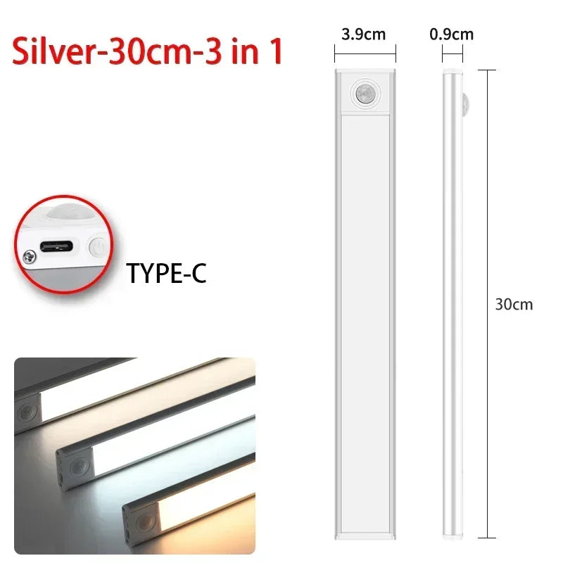 Magnetic Motion Sensor LED Cabinet Light – Silver 30cm, 3-in-1