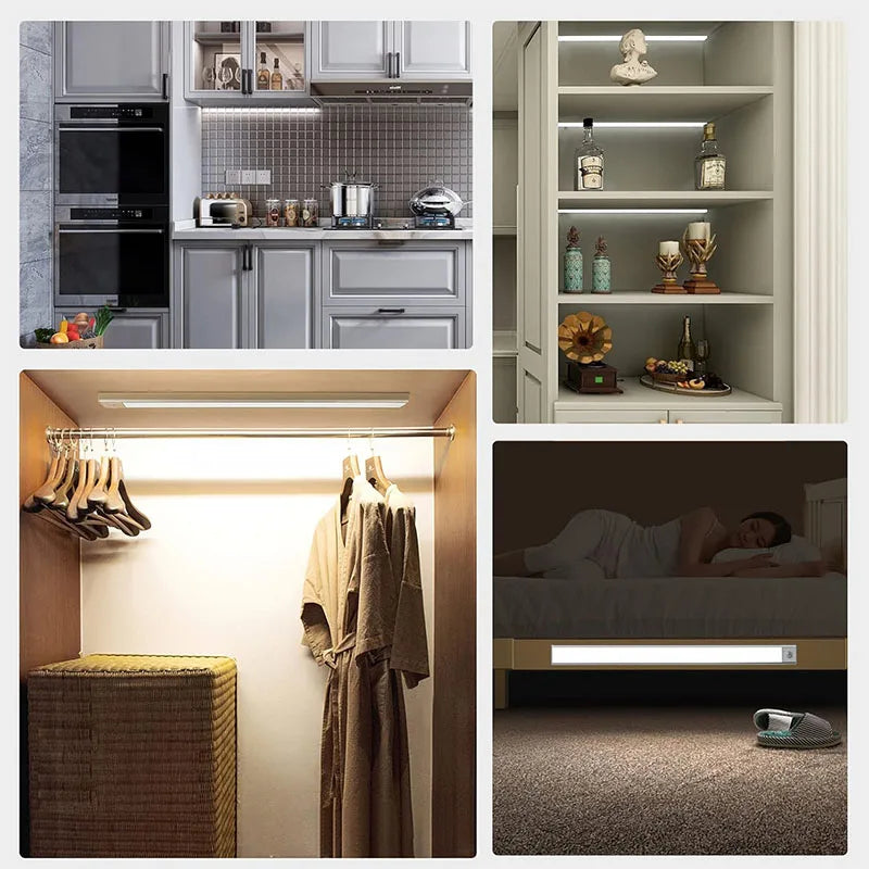 Collage of a kitchen, shelves, closet, and bedroom with LED lighting.
