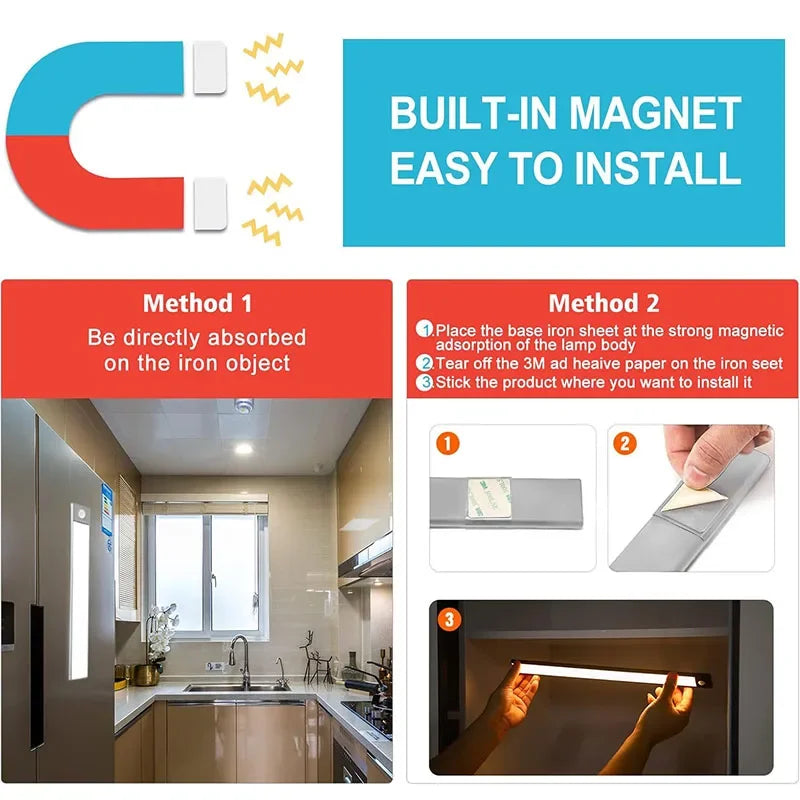Installation guide for a built-in magnet with examples of use in a kitchen.
