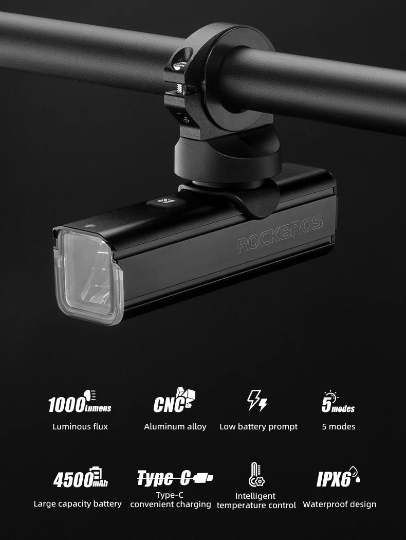 ROCKBROS RHL1000 Bike Front Light – 1000LM, IPX6, USB-C Rechargeable
